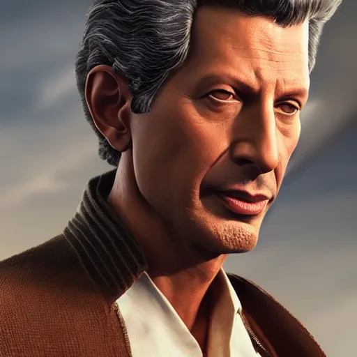 Image similar to hyperrealistic jeff goldblum as han solo, stunning 3 d render inspired by istvan sandorfi & xiang duan, perfect symmetry, dim volumetric cinematic lighting, 8 k octane comprehensive render, extremely mega hyper - detailed and lifelike attributes & atmosphere, intricate, realistic flesh texture, masterpiece, artstation, stunning,