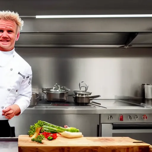 Image similar to hyper real Gordon Ramsey cooking a unicorn in kitchen 4k