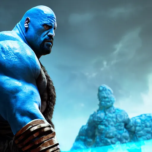 Prompt: a digital art portrait of dwayne johnson as blue ice golem barbarian with long sword, dnd goliath character concept, 4 k, ultra detail, volumetric lighting, unreal engine, octane render