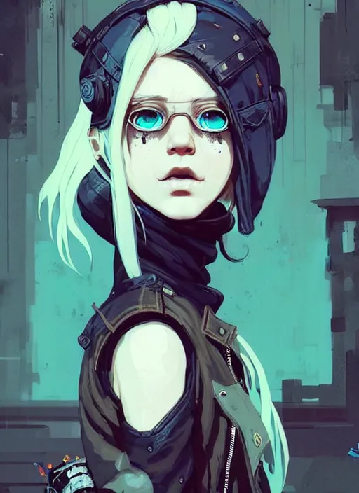 Image similar to highly detailed portrait of a sewer punk lady student, blue eyes, leather jacket, white hair by atey ghailan, by greg rutkowski, by greg tocchini, by james gilleard, by joe fenton, by kaethe butcher, gradient blue, black, brown and cyan color scheme, grunge aesthetic!!! ( ( graffiti tag wall background ) )