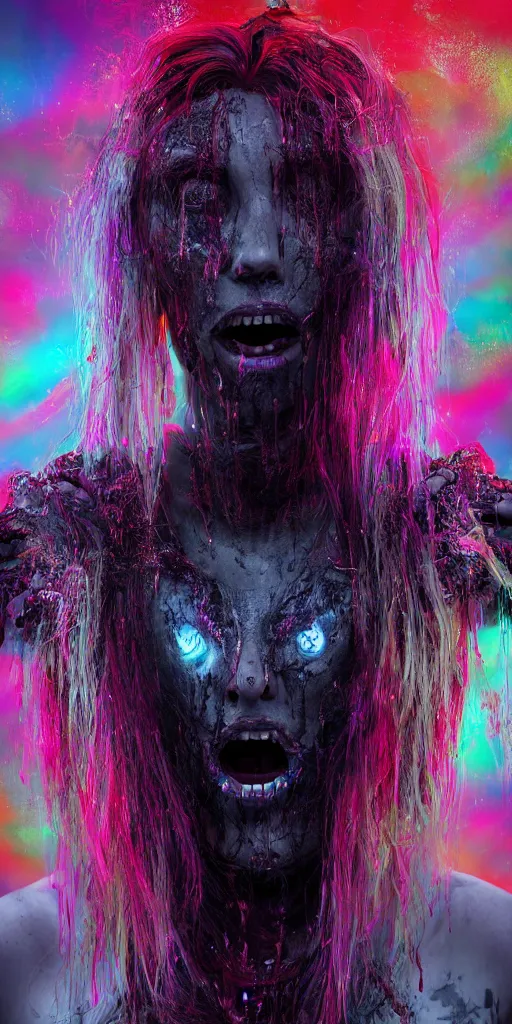 Image similar to impossibly beautiful vampire with large vampire fangs, full body, intricate complexity, horror, psychedelic glitch art, rainbow drip paint, trending on art station, photoreal, 8k, octane render