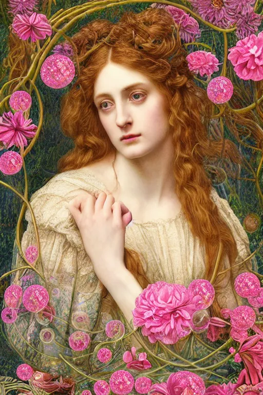 Image similar to elaborately Hyper detailed pre-raphaelite illustration of an extremely beautiful regal young attractive woman, surreal, flowers, pink bubbles, bright background, moonlight, very coherent symmetrical artwork high fantasy professionally painted digital art painting, smooth, sharp focus, highly detailed illustration highlights, golden ratio, 8K detail post-processing, symmetrical facial features, rich deep moody colors, award winning picture, trending on ArtstationHQ