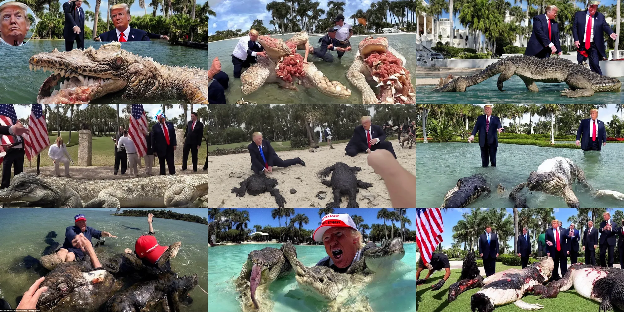Prompt: gopro footage of donald trump being mangled by an alligator at mar - a - lago, blood and bone, ground beef