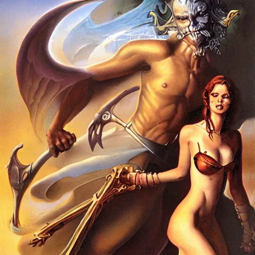 Prompt: illustrated by Boris Vallejo | Epic fantasy buttle between demons and girls