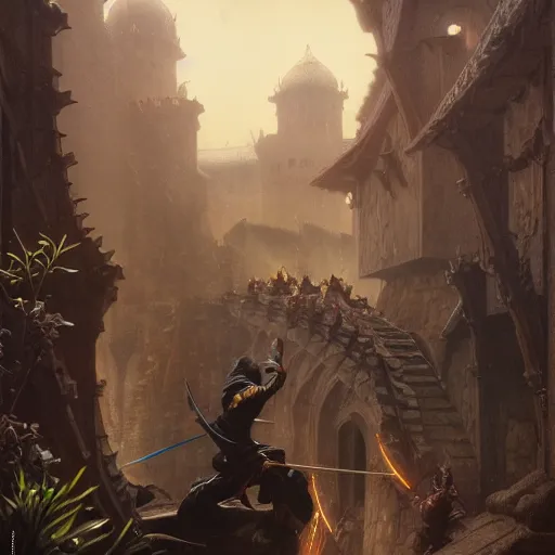 Prompt: Magic The Gathering art action shot of half elven ninjas scaling battlements in moonlight, drawn by Donato Giancola and Tom Bagshaw, Edmund Leighton, Alphonse Mucha, 4k, volumetric lighting, komorebi, intense battle scene award winning, octane render, hyperrealistic