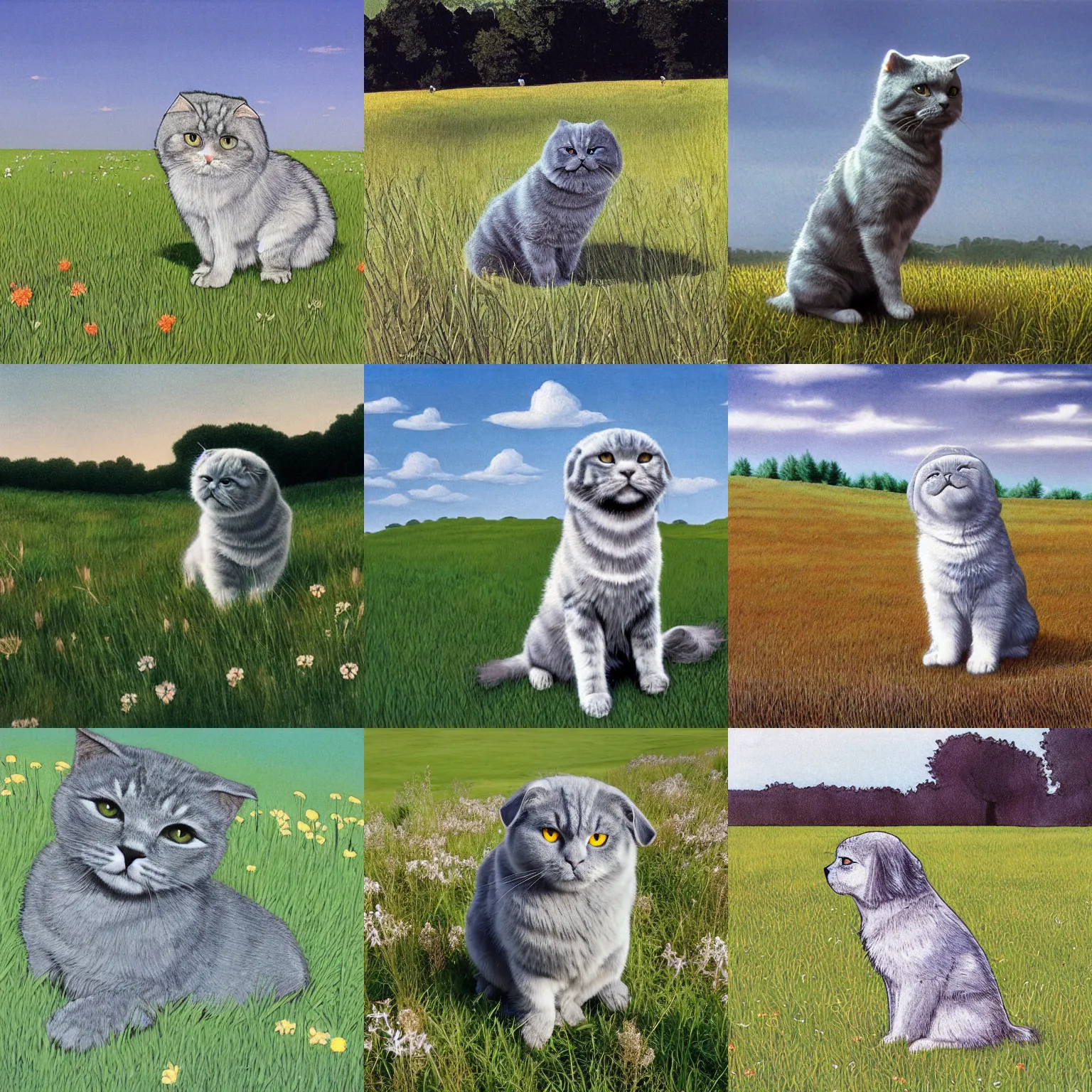 Prompt: a gray scottish fold sitting in the middle of sunny meadow, by moebius