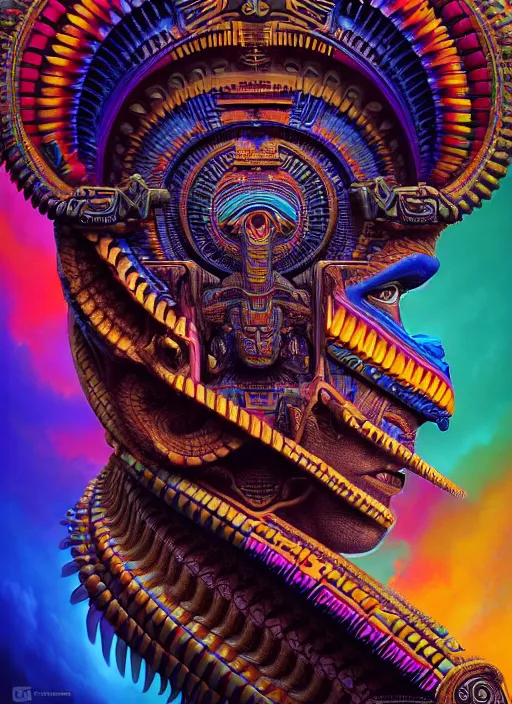 Image similar to hyper detailed ultra sharp 3 d render like a oil painting aztec serpent warrior princess, fractal plane, deep voyage, parallel existence, earthwave, colorful, neon, ornate, intricate, digital painting, concept art, smooth, sharp focus, illustration, art by artgerm and greg rutkowski and h. r. giger, 8 k