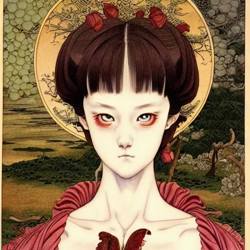 Image similar to prompt: Portrait painted in renaissance style drawn by Katsuhiro Otomo and Takato Yamamoto, inspired by Fables, china doll face, smooth face feature, intricate oil painting, high detail, sharp high detail, manga and anime 2000