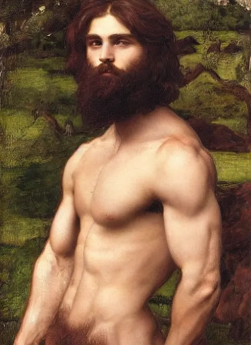 Image similar to Pre-Raphaelite young beautiful muscular brown-haired bearded muscular male