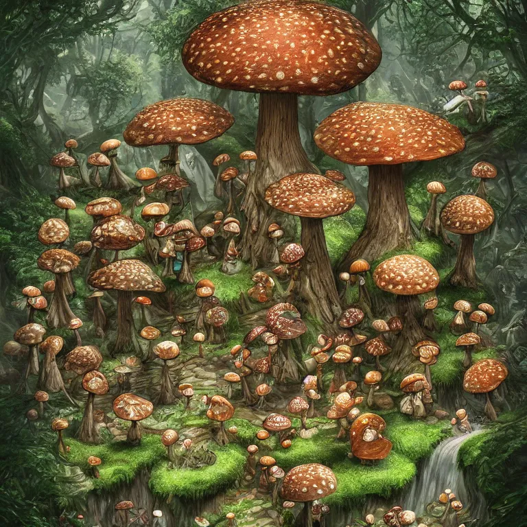 Prompt: hyper detailed mushroom elves in the forest digital art, 4k, artstation deviantart studio lighting