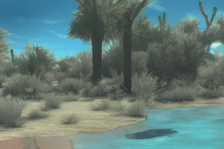 Image similar to desert oasis in a translucent aqua casing electronic environment, ps 3 screenshot, still from a kiyoshi kurosawa movie