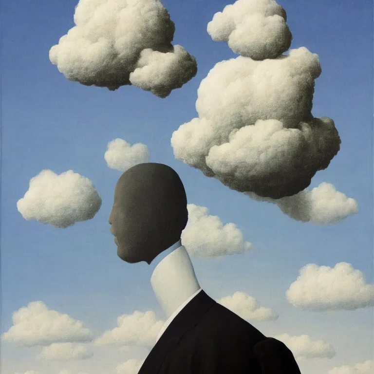 Image similar to portrait of a man whos head is a cloud, by rene magritte, detailed painting, hd, hq, high resolution, high detail, 4 k, 8 k