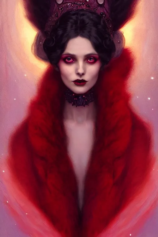 Image similar to Nocturne, glowing, stars, a portrait of a beautiful female shadow djinn creature with long fur collar, highly detailed, mysterious, ethereal, dressed in red violet velvet, haute couture, illustration, dramatic lighting, soft details, painting, by Edmund Blair Leighton, Brom, Charlie Bowater, trending on artstation, faces by Tom Bagshaw, otto schmidt