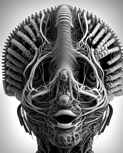 Image similar to mythical black and white organic biomechanical spinal ribbed face portrait detail of mechanical vegetal-cyborg, highly detailed, intricate ornate, 3D render digital art, octane render, 8K artistic photography, photorealistic