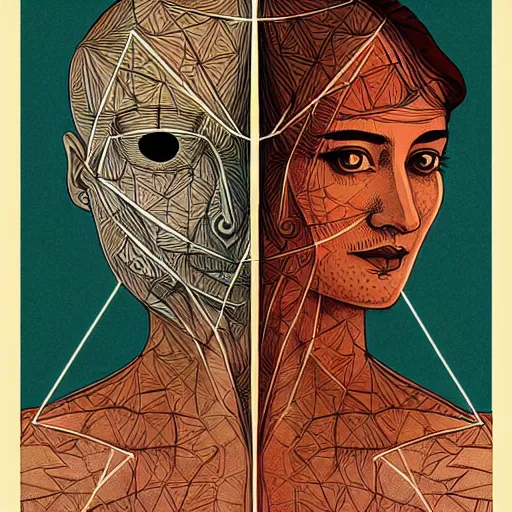 Image similar to perfectly centered geometrical symmetrical split male and female portrait of man and woman in love sharing one heart. illustration, highly detailed, simple, no jagged lines, smooth, artstation, artwork by ravi zupa