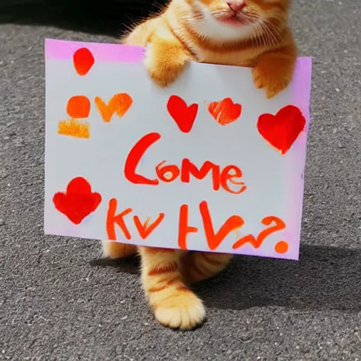 Image similar to cute fluffy orange tabby kitten with a sign that says