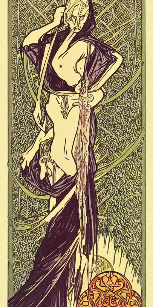 Image similar to an art deco illustration of the grim reaper on a tarot card with an elegant border by alphonse mucha