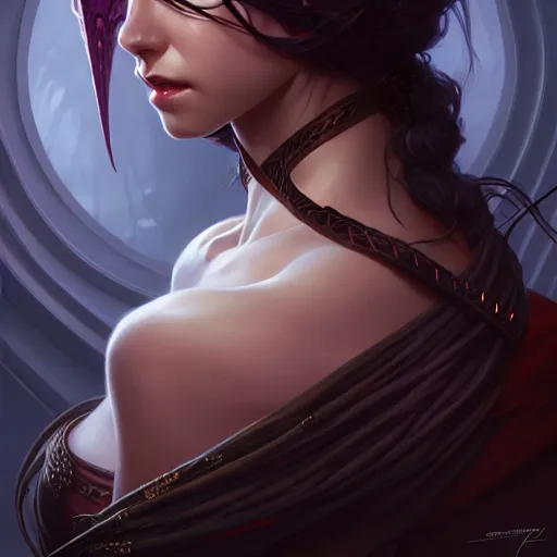 Image similar to , portrait of an dark hot tiefling, D&D, fantasy, intricate, elegant, highly detailed, digital painting, artstation, concept art, smooth, sharp focus, illustration, art by artgerm and greg rutkowski and alphonse mucha