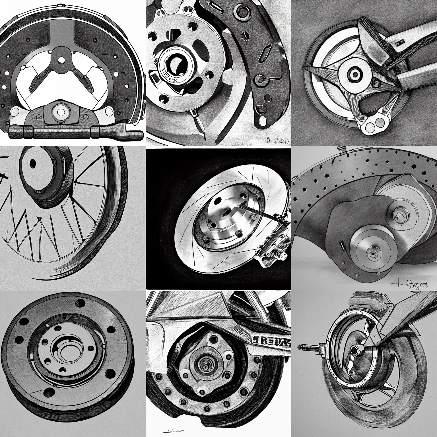 Prompt: Brake rotor and caliper, black and white sketch, high details