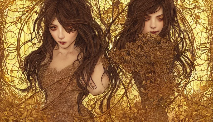 Image similar to golden leaves at frame border, creative!!! composition for a book cover!!!, absurdly beautiful, ultrafine hyperrealistic detailed old!! witch face by wlop and artgerm and alphonse mucha, intricate linework, sharp focus, smooth, octopath traveler, final fantasy, unreal engine, dramatic lighting, ethereal, 8 k