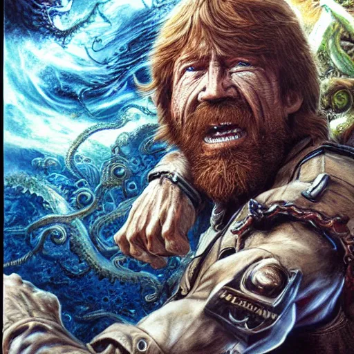 Prompt: uhd photorealistic detailed image of chuck norris defeating lovecraftian cthulhu by ayami kojima, amano, karol bak, correct face