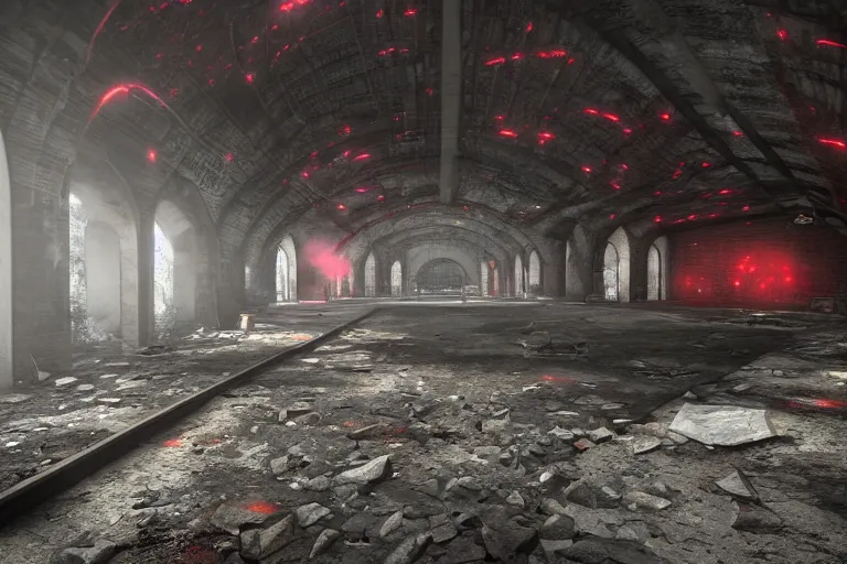 Image similar to ruined, abandoned, underground metro station, seen from inside. red flares on the ground is the only lightsource. Smoke. Dirt, leaves on ground. Unreal Engine. Substance painter. Zbrush. Trending on artstation. 8K. Highly detailed.