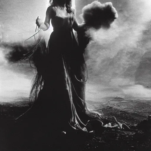 Image similar to 1 9 7 0's artistic western movie, a woman in a giant flowing incredibly long dragging white dress made out of white smoke, standing inside a dark western rocky scenic landscape, volumetric lighting