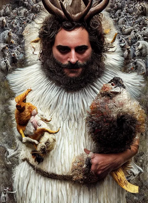 Image similar to a hyper detailed painting of an anthropomorphic joaquin phoenix as the king of animals, cow horns, pig nose, sheep wool, chicken feathers, horror, by anna podedworna, by miklos ligeti, by diego maricato, by taran fiddler, by antonino truisi, by chris reddie, on artstation