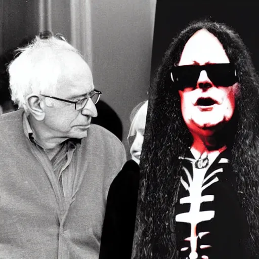 Prompt: the queen and bernie sanders in a norwegian black metal band