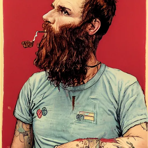 Prompt: portrait of a young man, long red beard, mid length red hair, receding hairline, wearing a punk rock t shirt, smoking a cigarette, painted by John dyer baizley and Norman Rockwell and Aaron horkey