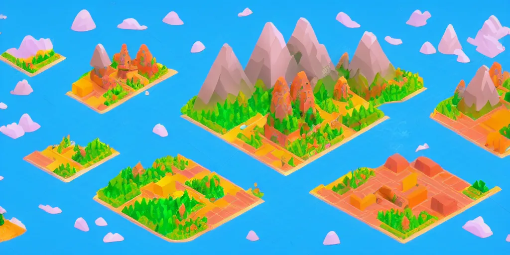 Prompt: an isometric colorful videogame world, epic mountains, azure ocean in the background, blocks