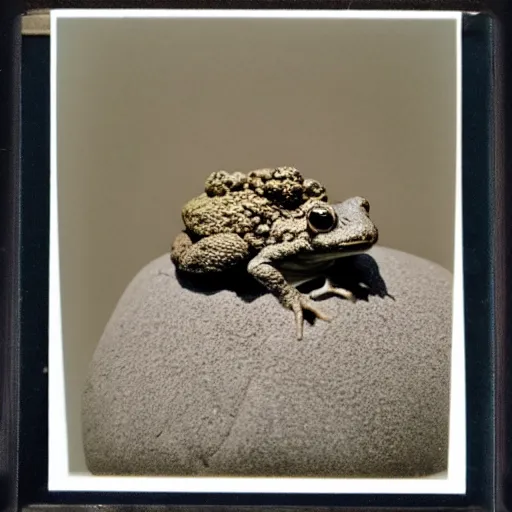 Prompt: a toad on a pile of round smooth rocks put one on another, polaroid photo, instax, white frame, by Warhol,