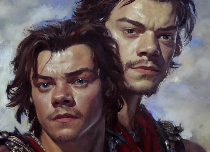 Prompt: a highly detailed beautiful portrait of harry styles as kratos, by gregory manchess, james gurney, james jean