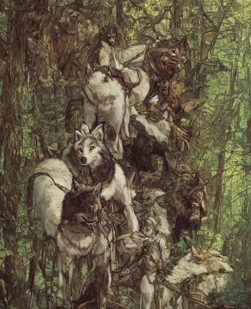 Image similar to portrait of Princess Mononoke, wolves, fully clothed in armor, lush forest, neon, concept art, schematics, painted by norman rockwell, mucha, james gurney, high detail, denoised, sharp, architectural