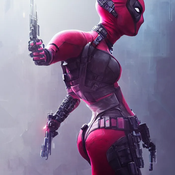 Image similar to charlize theron as lady deadpool. intricate abstract. intricate artwork. by tooth wu, wlop, beeple, dan mumford. octane render, trending on artstation, greg rutkowski very coherent symmetrical artwork. cinematic, hyper realism, high detail, octane render, 8 k, iridescent accents