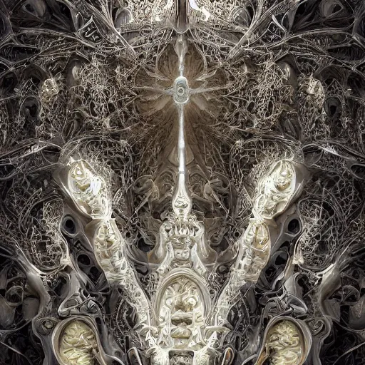 Image similar to beautiful hyperrealistic 3 d render of a delicate ivory sculpture of an ornate detailed cathedral populated by mandelbrot fractals by android jones, micro detail, unreal engine, dramatic lighting, psychedelic, octane renderer, catholicpunk, glowing, white color scheme, photorealistic, physically based rendering, angelic, hyper detailed, colorful, carved soap, trending on cgsociety
