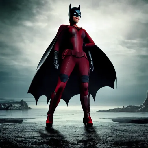 Image similar to scarlett johansson's batman, full pose, with cape, cape, cape, full length body shot, in a serene foreground, in a serene background