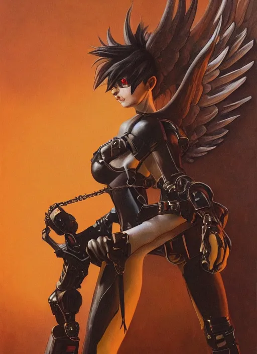 Prompt: full body artwork of tracer overwatch wearing leather collar in style of zdzisław beksinski, angel wings, dramatic painting, symmetrical composition, wearing detailed leather collar, black shiny armor, chains, black harness, detailed face and eyes,