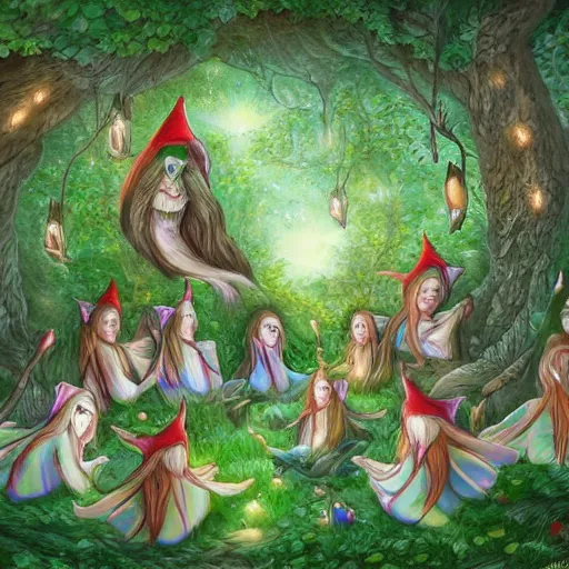 Image similar to highly detailed commune of hedonist elves. the elves are carefree and playful. digitally painted forest scene. The elves each have the face of famous musician !!!!!Ed Sheeran!!!!!. pixiv, artbreeder. high quality art