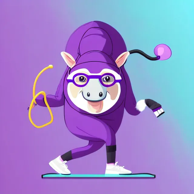 Prompt: epic professional digital cartoon illustration of a cute and adorable smiling cartoon anteater with glasses and a purple sweatband, wearing a purple sweatsuit, exercising on a treadmill in a gym, best on artstation, cgsociety, Behance, cosmic, epic, stunning, gorgeous, flat colours, much wow, masterpiece