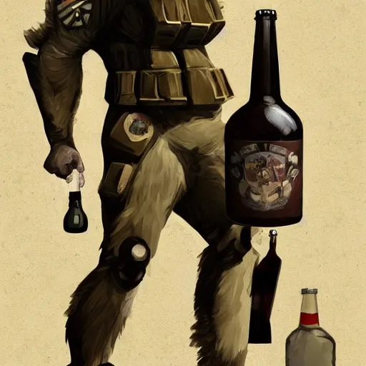 Image similar to a humanoid german shepherd beast - man in military style, holding a bottle of beer, artstation, concept art, smooth, sharp foccus ilustration, artstation