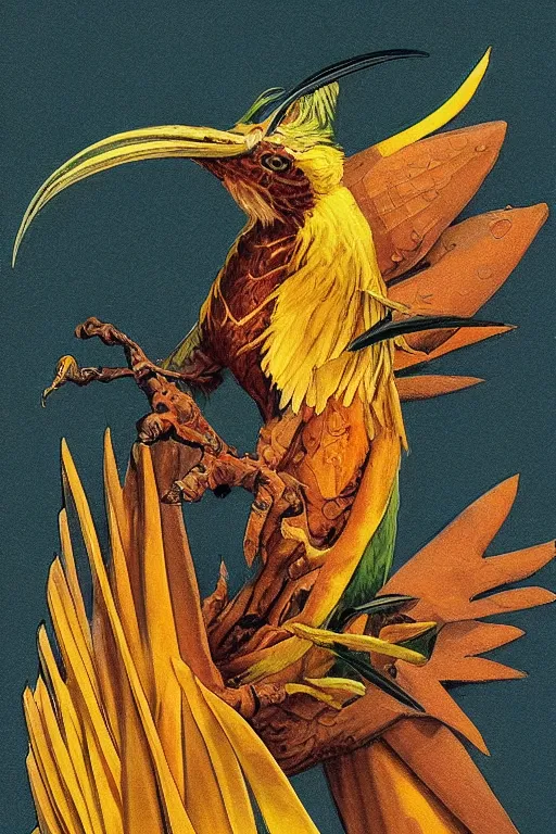 Image similar to king of saxony bird - of - paradise energy, painted by stephen hickman and tom jung and greg theakston and matthew stawicki, trending on artstation, dramatic brown and lime lighting side view illustrator, symbolism, very very intricate, magic realism, minimalism