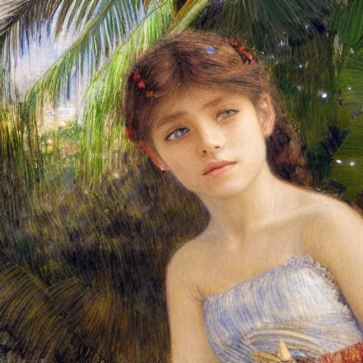 Image similar to a ultradetailed beautiful painting of a girl in the amazonas palace balustrade designed by jules bastien - lepage, hans belmer, frank weston and gustave baumann, beach, trending on artstation, mediterranean, palm trees, refracted color sparkles, sharp focus, soft light, 8 k 4 k