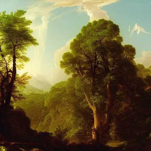 Image similar to today I am thinking about trees oil on canvas, by Asher Brown Durand, by Thomas Cole, by Frederic Edwin Church, by Carl Gustav Carus, trending on artstation, masterpiece, detailed, 8K