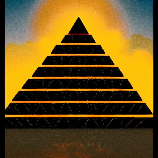 Image similar to artistic depiction of an Aztec pyramid, during an eclipse, with fires raging around