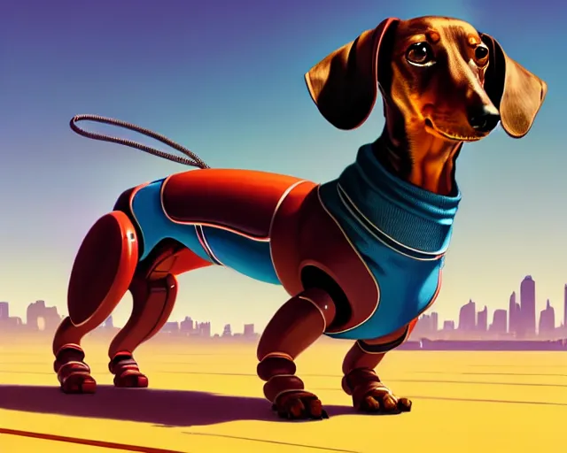 Image similar to dachshund robot, hyper - realistic, gta v cover art, celshading, sharp focus, intricate, detailed, rhads, andreas rocha, makoto shinkai, lois van baarle, ilya kuvshinov, greg rutkowski, dynamic lighting, grunge aesthetic, 4 k