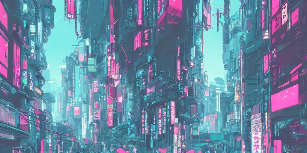 Image similar to beautiful japanese cyberpunk futuristic landscape painting, teal and pink, by tuomas korpi, dan mumford, trending on artstation