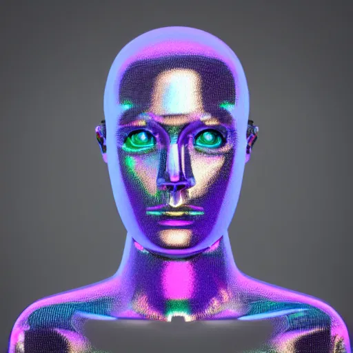 Image similar to 3d render of holographic human robotic head made of glossy iridescent, surrealistic 3d illustration of a human face non-binary, non binary model, 3d model human, cryengine, made of holographic texture, holographic material, holographic rainbow, concept of cyborg and artificial intelligence