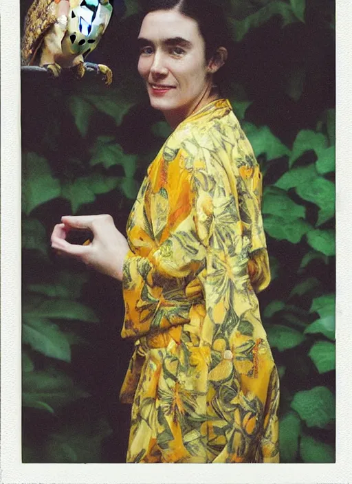 Image similar to head to shoulder portrait Polaroid film photograph of an elegant lovely woman wearing a yellow kimono with a very detailed barn owl on her shoulder!!! in a tropical greenhouse. looking at the camera!!. slight smile. super resolution. Extremely detailed. face like Jennifer Connelly. Pre - raphaelit .Polaroid 600 film.by WLOP.