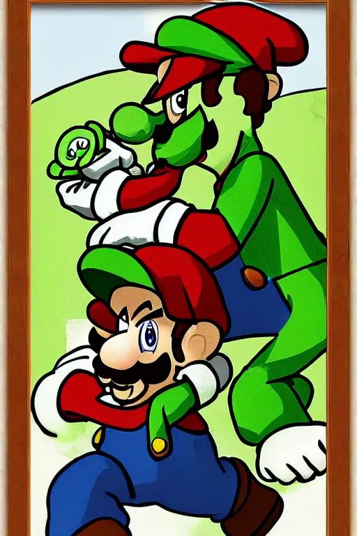 Prompt: mario eating luigi in the style of saturn devouring his son, digital art, goya, extremely detailed, clear facial features, framed